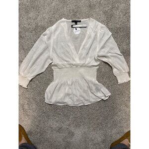 Harvé Bernard Womens White Smocked Waist Peplum Blouse Size L 65% Rayon 35% Poly